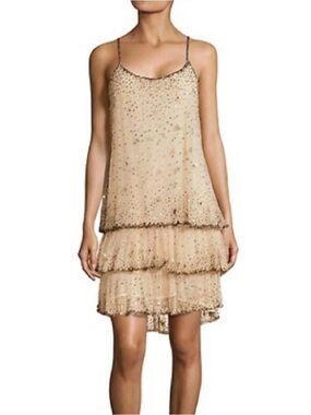 Joie Embellished Mesh Mini Dress Nude Gold Beaded Sequin Tiered M